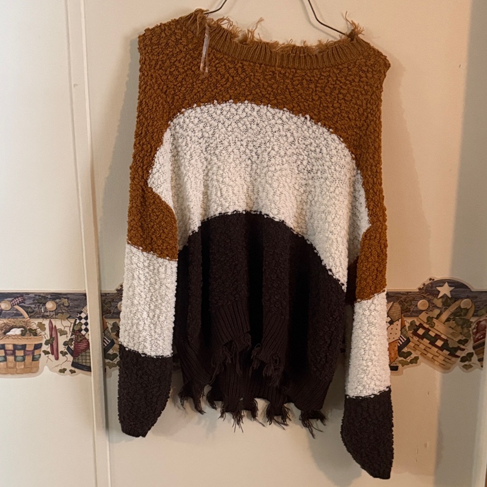 Chic Colorblock Sweater - Brown, White, and Tan